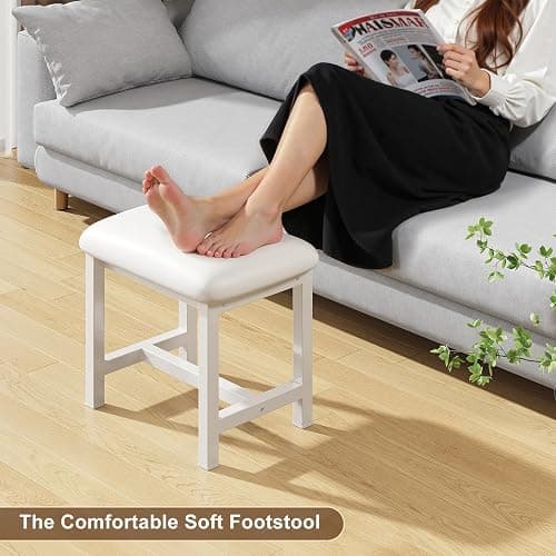 WBKATN White Vanity Stool, Small Vanity Chair, Cute Makeup Bench Seat with Leather Cushioned, Desk Stools for Bedroom, Bathroom, Entryway, Living Room, Office thumbnail 4