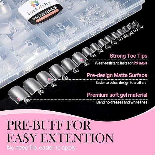 Luckyfairy Square Toe Nail Tips, 504Pcs 15 Sizes Full Cover Press On Toenails for Women, Long Wider Pre-etched Double Matte Fake Toenails for Big Toe Nail Extensions Home DIY Salon Soak Off thumbnail 4