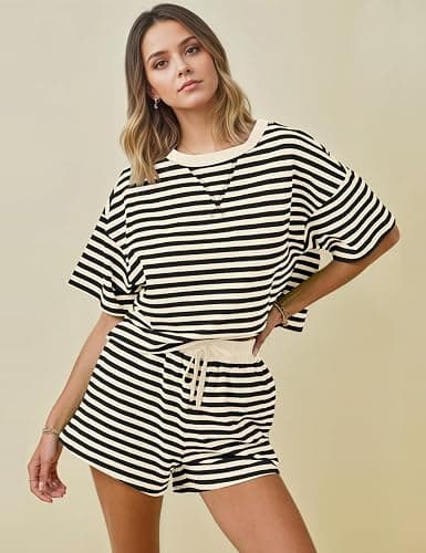 MISSACTIVER Womens Lounge 2 Piece Sets Summer Striped Matching Pajamas Set Short Sleeve Oversized T Shirts Drawstring Shorts thumbnail 4