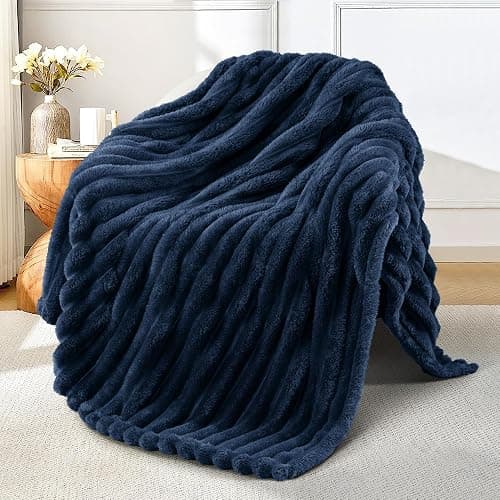 Exclusivo Mezcla Fleece Throw Blanket for Couch, Super Soft Striped Jacquard Bed Blanket, Lightweight Fuzzy Cozy for All Seasons, 50x60 Inches, Navy Blue - Image 1