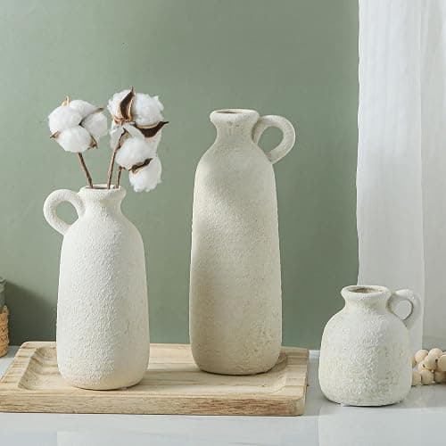 Ceramic Vase Set of 3 with Handle, Neutral Rustic Vases Home Decor Farmhouse Decorative Vase Whitewashed Pottery Decor Modern for Table Mantel Entryway Bookshelf Living Room Kitchen Bedroom - White thumbnail 8