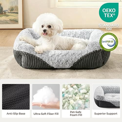 Warmrest Cute Dog Bed for Small Medium Dogs,Washable Cat Beds, 20in | Rectangular furry Small dog bed for calm sleeping dog sofa, overall machine washable, Non-Slip Bottom, Grey, Up to 10Lb thumbnail 2