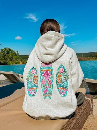 Yiulangde Women Teen Girls Cute Embroidered Flower Ocean Graphic Hoodies Coastal Preppy Long Sleeve Pocket Hoodie Sweatshirts thumbnail 5