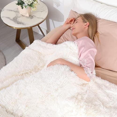 Tuddrom Decorative Extra Soft Fuzzy Faux Fur Throw Blanket 50" x 60",Solid Reversible Long Hair Shaggy Blanket,Fluffy Cozy Plush Comfy Microfiber Fleece Blankets for Couch Sofa Bedroom,Cream White thumbnail 4