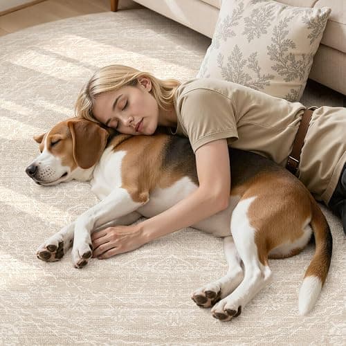8ft Round Rug Living Room: Washable Large Vintage Neutral Area Rug Non-Slip Soft Stain Resistant Indoor Carpet for Bedroom Nursery Dining Room Under Table Bed Home House Office Playroom - Beige thumbnail 7