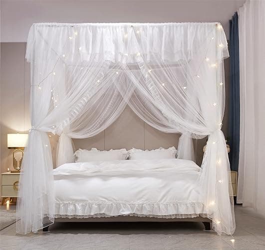 HUOQOU Baldaquin Princesse avec Volants Ciel de Lit Rectangulaire à 4 Ouvertures Moustiquaire Double Couche pour Chambre de Fille Décoration Romantique Doux et Respirant (Blanc,1,35W x 2l x 2,1H(m)) thumbnail 4