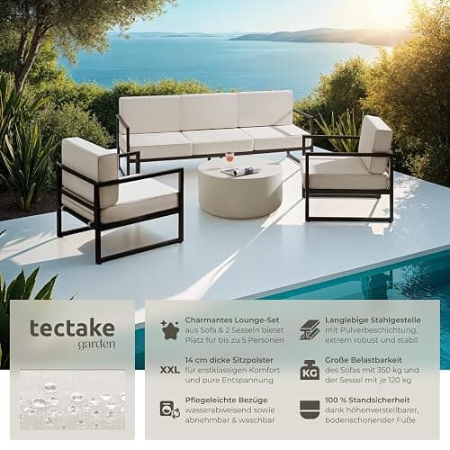 tectake® Gartenlounge Outdoor Set, Sofa 3 Sitzer 2X Gartensessel, Relaxsessel Garten mit Gartenbank, Gartenmöbel, Balkonmöbel, Terrassenmöbel, Wintergarten, Sitzecke Outdoor - 5 Sitzplätze - 5 Sitzplätze // 1 Sofa + 2 Sessel thumbnail 4
