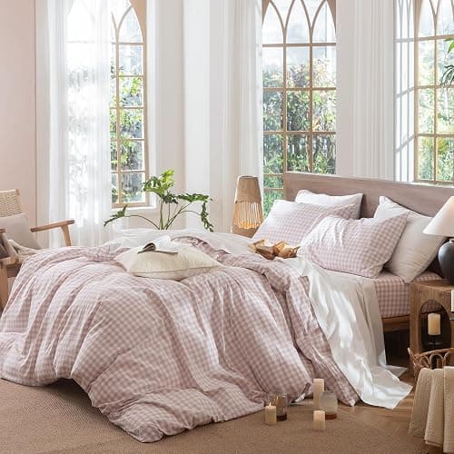 MooMee Gingham Duvet Cover Set 100% Washed Cotton Linen Like Textured Breathable Durable Soft Comfy Modern Checkered Design (Classic Gingham Greyish Pink, Queen 90"x90") thumbnail 3