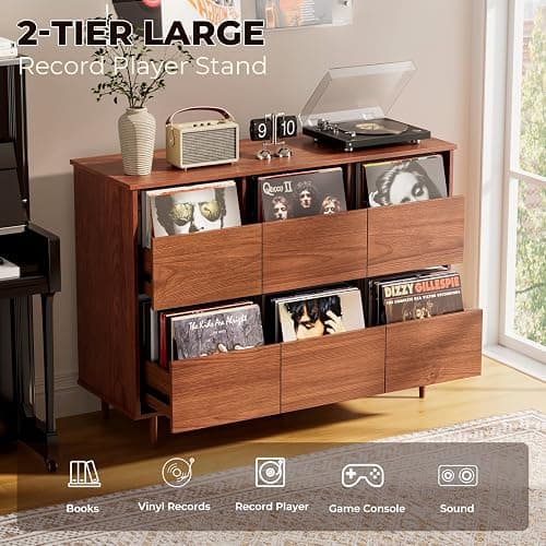 BROTTAR 47.2" Large Record Player Stand, Vinyl Record Storage Cabinet,Brown | Fit 7“/10"/12" Vinyl Record, Mid Century Turntable Stand, Media Cabinet with 6 DVD Drawers for Living Room, Music Corner thumbnail 3