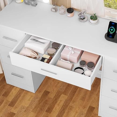 FIONESO Large Makeup Vanity, 42.1" Vanity Desk with Mirror and Lights, Makeup Vanity Table with 7 Drawers, 4 Shelves, 5 Jewel Hooks & Power Strip, Vanity Desk Set for Bedroom, White - White thumbnail 8