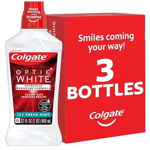 Colgate Optic White Advanced Teeth Whitening Mouthwash, 3 Pack, 2% Hydrogen Peroxide, Alcohol-Free and Enamel Safe, ICY Fresh Mint, 32 Oz - Image 1