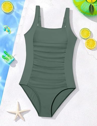 BAVEDER Girls Swimsuit One Piece Swimsuits Solid Ruched Bathing Suit for Girls Full Coverage Modest Padded Swimwear 9-18y thumbnail 7