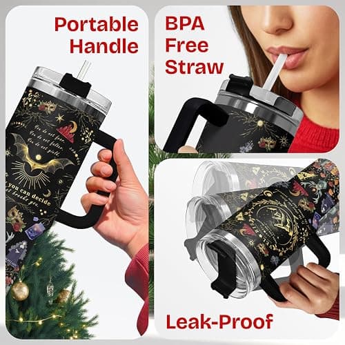 34HD 40oz Fantasy Gothic Tumbler With Handle – Velaris Quote Stainless Steel Insulated Cup With Straw, Starry Night Magic Crystals Design thumbnail 6