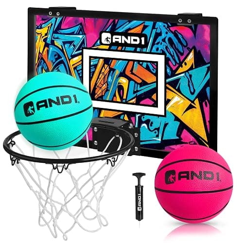 AND1 Over the Door Mini Basketball Hoop: 18x12 Shatterproof Backboard, 2 Mini Basketballs, and Hand Pump Included- Ultimate Indoor Basketball Accessory for Kids and Adults, No Tools Required - Image 1