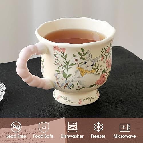 Movlen Rabbit Ceramic Coffee Mug, 13oz Cute Cartoon Tea Cup with Handle, Animals Porcelain Mug for Latte Cappuccino Milk Cocoa, Kawaii Birthday Easter Gifts for Girl Friends Mom thumbnail 5