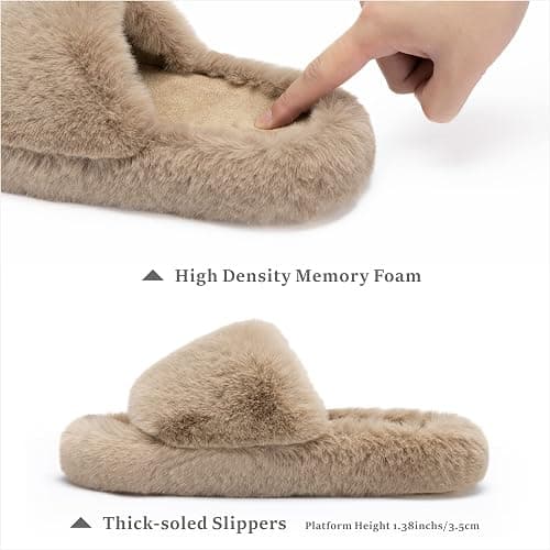 Chantomoo Women's Blue Memory Foam Faux Fur Lined Open Toe Slippers for Women - US 12 thumbnail 2