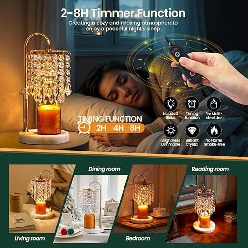 LUBITA Candle Warmer Lamp with Timer Dimmable and 3 Bulbs, Lamp Candle Warmer with Marble Base for Adjustable Height, Crystal Wax Melt Warmer for Jar Candles, House Warming Decor Gifts, French Gold thumbnail 4