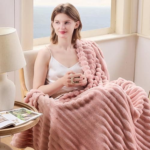 NEWCOSPLAY Super Soft Throw Blanket Pink Premium Silky Flannel Fleece 3D Ribbed Jacquard Lightweight Bed Blanket All Season Use (Pink Ribbed, Throw(50"x60")) thumbnail 3