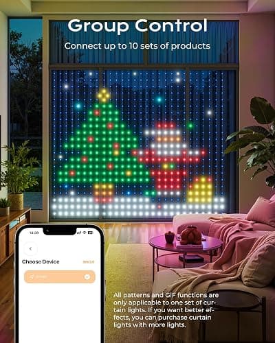 SmartDawn 400 RGBIC LEDs Smart Curtain Lights with DIY GIF, 6.6x6.6ft Color Changing Holiday Wall Lights with APP, IP65 Waterproof Christmas String Fairy Lights for Indoor Outdoor Bedroom Window thumbnail 6