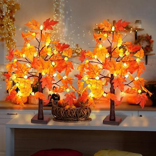 2 Pack 24 Inch Fall Maple Tree with 48LED Thanksgiving Table Decorations Battery Operated Lighted Tabletop Artificial Tree with Pumpkin Acorn Maple Fall Centerpieces Indoor Fall Decorations for Home thumbnail 6