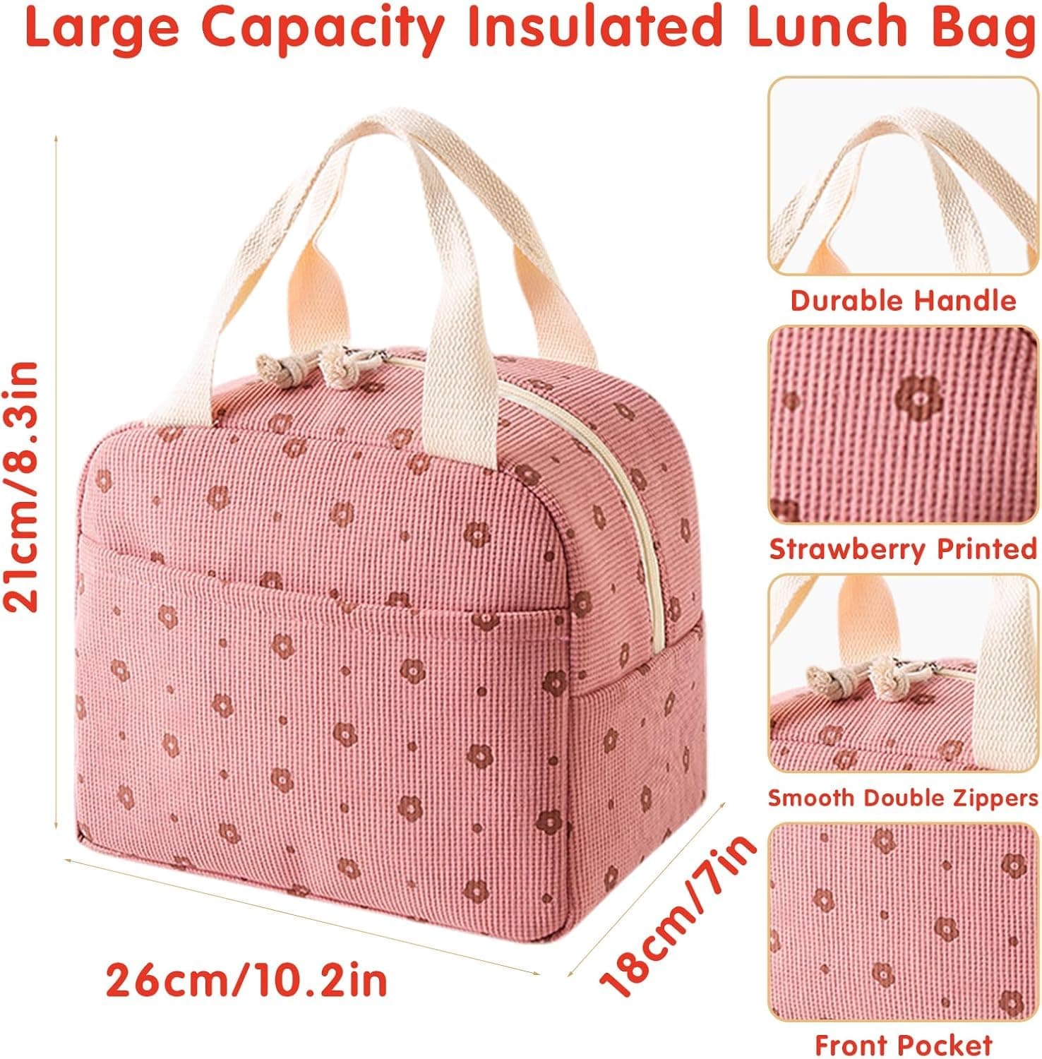 Lylilidy Insulated Lunch Bag Women, Large Pack Lunch Bags, Lunch Bags Cooler Tote for Kids, Leakproof Ladies Bento Bag for Work, School, Picnic (Pink Flower) thumbnail 2