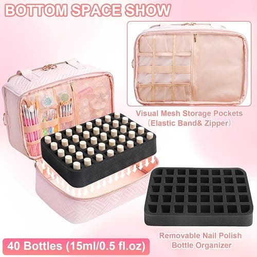 Veirdro Nail Polish Organizer Bag Holds 80 Bottles (15ml/0.5fl.oz)& Nail Lamp, Soft Velvet Nail Kit Storage Carrying Case with Shoulder Strap, Double Layer Nail Supplies Organizer Handbag Women (Pink) thumbnail 4