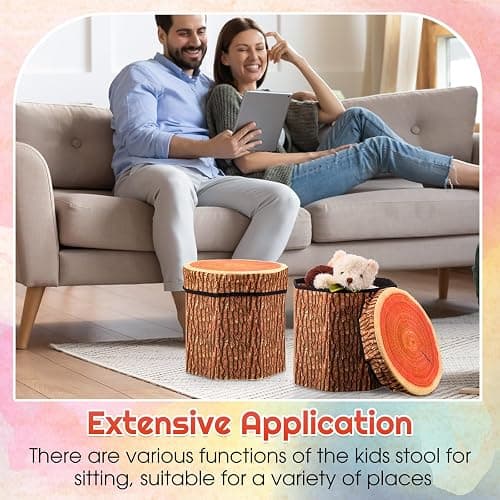 Amylove 3 Pack Tree Stump Storage Stool 12 x 12 Inch Stool Ottoman, Cute Folding Storage Toy Box with Foam Cushion, Collapsible Seat Chest (Classic) thumbnail 6