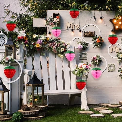 Skylety 10 Pieces 6 Inch Paper Strawberry Honeycomb Ball Tissue Paper Strawberry Ball for Birthday Party Decoration(Red and Pink) - Red and Pink thumbnail 6