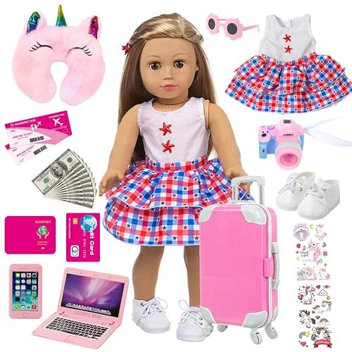 ZQDOLL American 18 inch Doll Clothes and Accessories - Travel Suitcase Play Set Including Suitcase Clothes, Shoes, Sunglasses, Camera, Unicorn Pillow, for 18 inch Doll(No Dolls) - Image 1