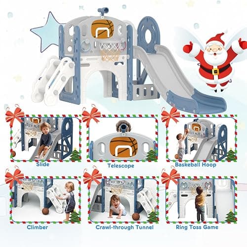 XJD 8 in 1 Toddler Slide Set, Kids Slide for Toddlers Age 1+, Toddler Climber Slide PlaySet with Basketball Hoop and Ball,Outdoor Indoor Playground for Toddlers 1-3 (Blue Gley, 8 in 1) thumbnail 3
