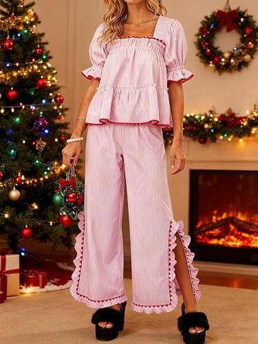 Bocymolay Women Christmas Red Plaid Pajamas Set Gingham Short Sleeve Babydoll Shirt Ruffle Pants 2 Piece Pj Loungewear thumbnail 3