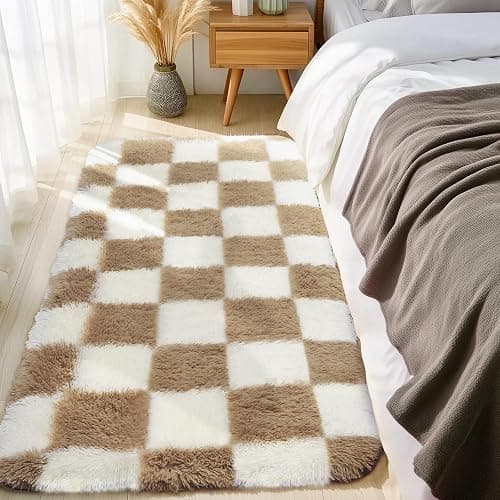 Ecoshag Soft Rugs for Living Room, 2x6 Ft Beige and White Checkered Fluffy Shaggy Rugs for Indoor Use, High Pile Ultra Fuzzy Rug for Bedroom Kids Nursery Rooms,Home Decor Aesthetic - Image 1