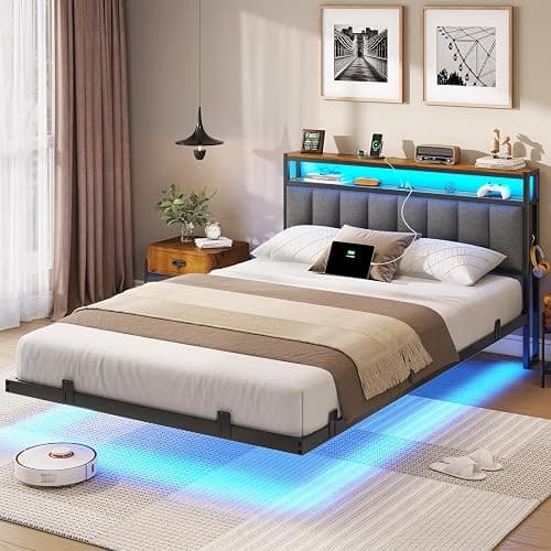 AOGLLATI Cadre de Lit 140x190 avec Multiprise et Éclairage LED, Lit 2 Personnes Flottant avec Tête de Lit Rangement, Sommier en Métal, Structure Stable, Lin Gris Foncé(sans Matelas) thumbnail 8