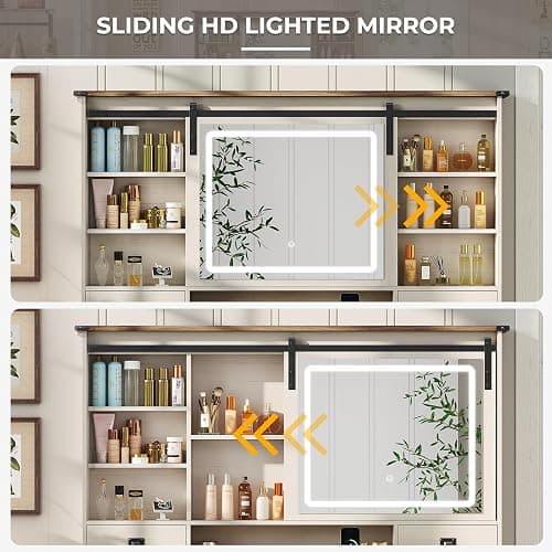 Farmhouse Makeup Vanity Desk with Sliding Mirror and Lights, 47.2" Big Vanity Table with Charging Station, Makeup Desk with 5 Drawers & 2 Cabinets, White thumbnail 6