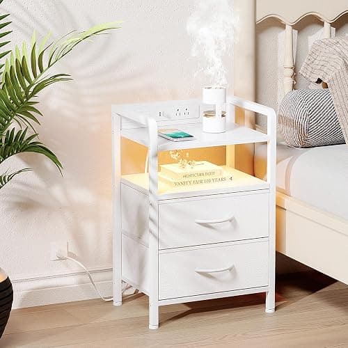 Lazzanto Nightstand with Rear Charging Station, LED Light, 2 Drawers, White | Industrial Nightstand, 2 USB-A Ports & AC Outlets, Raised Back Guard, Fabric Storage Drawers, Bedside Table for Bedroom, Dorm thumbnail 2