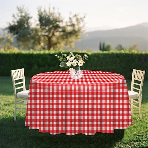 RINDOJIN 2 Pack Red Gingham Tablecloth Round 84 x 84 Inch Round Plastic Checkered Table Cloth Disposable Plaid Table Cover for Picnic Party Birthday Wedding Baby Shower Christmas Circle Red Tablecloth thumbnail 5