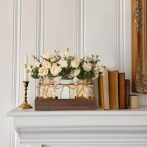 DUOER 3 Pcs Mason Jar Centerpiece Table Decorations for Dining Table Decor Farmhouse Coffee Table Decor with Wood Tray and Led Light Table Centerpieces for Dining room Kitchen Living Bathroom,White thumbnail 6