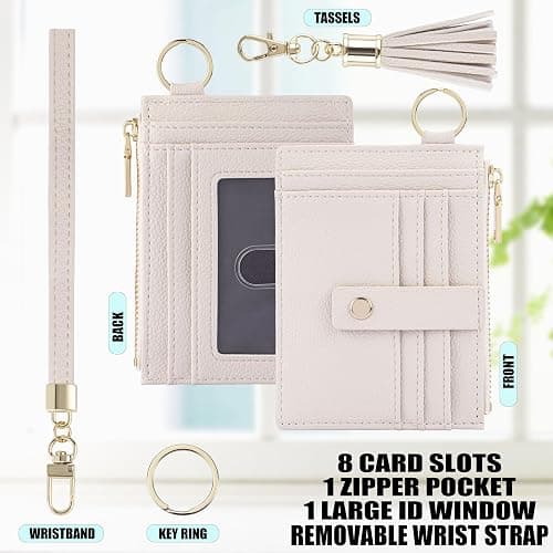 New Fashion Kingdom Wristlet Keychain Wallet for Women Slim Rfid Blocking Credit Card Holder Wristlet Zip Id Case Wallet Small Compact Leather Wallet Coin Purse for Women (Beige) thumbnail 2