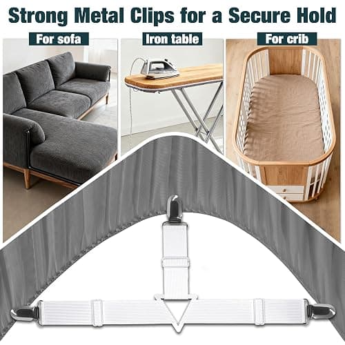WHISPERING WONDER 4 Pack Adjustable Elastic Straps with Metal Clips, Bed Sheet Fasteners, Bedding Suspenders for Mattress Covers, Bed Corner Holders and Keepers (White) thumbnail 7