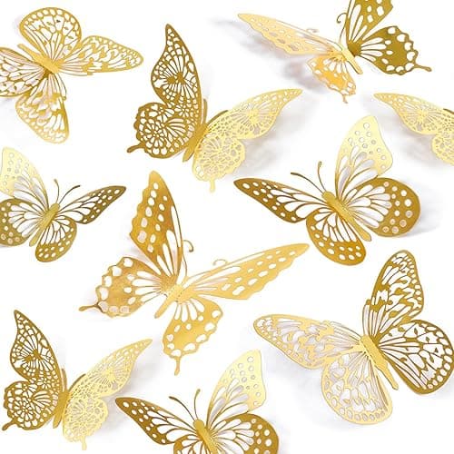 SAOROPEB 3D Butterfly Wall Decor 48 Pcs Gold Butterfly Birthday Decorations | 4 Styles 3 Sizes, for Butterfly Birthday Decorations Butterfly Party Decorations Cake Decorations, Removable Stickers - Image 1