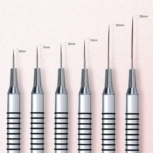 Komall Metallic Nail Art Brushes, 6Pcs Non Slip Liner Brush Set, UV Gel Polish Painting Art Design Pen for Long Lines, Thin Details, Fine Drawing Sizes 5/7/9/11/20/25mm(Silver) thumbnail 6