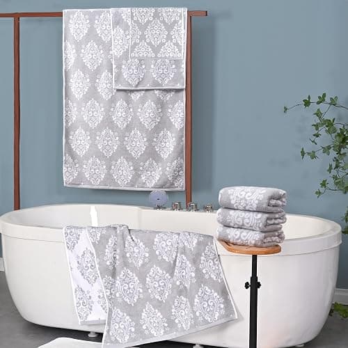 Towels for Bathroom - 100% Cotton | Soft | Quick Dry | Light Weight | Absorbent, 4 Hand 16"x27", 2 Bath 28"x52", Towel Set of 6, Grey Towels Bathroom Sets, Gray Damask Patterned Towels, Gray and White thumbnail 2