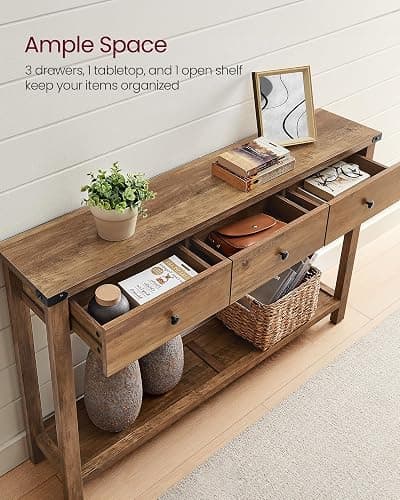VASAGLE 47.2" Narrow Console Table with 3 Drawers and Open Storage Shelf | Long Sofa Table, 47.2 x 9.4 x 29.9 inchs, Entryway Furniture for Living Room, Honey Brown, LIRY Collection ULNT142KB02S thumbnail 4