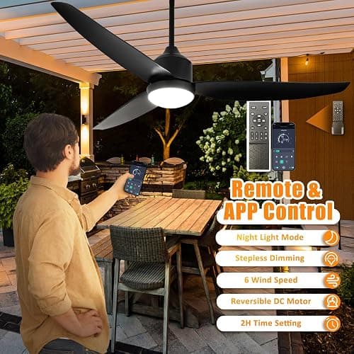 Depuley Outdoor Ceiling Fan with Light: 52 Inch Gazebo Fan Outdoor Hanging - Plug in Waterproof Fans with Lights for Patio - Dimmable Remote App Control Black thumbnail 3