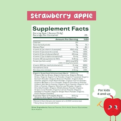 Bloom Nutrition Superfood Greens Powder for Kids, Digestive Enzymes, Probiotics, Prebiotics, Gut Health, Chlorella, Green Juice Mix w/Beet Root Powder (25 Servings (Pack of 1), Strawberry Apple) thumbnail 5