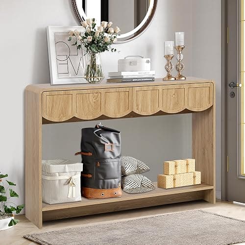 ORRD Console Table with Drawers, Mid-Century 43 Inches Narrow Entryway Table with Open Storage Shelves, Hallway Accent Tables Behind Couch Tables for Living Room - Natural thumbnail 6