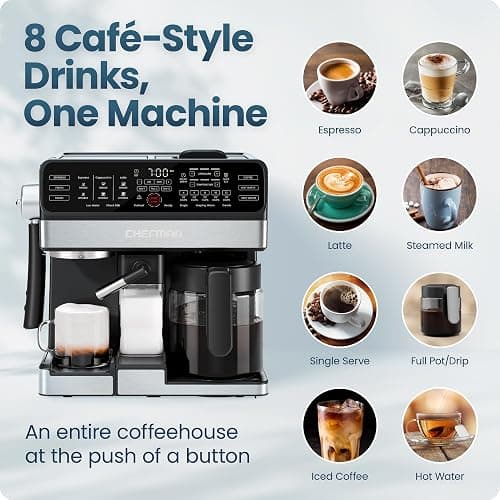 Chefman Coffee Maker Espresso Machine Combo, OmniBrew 8-in-1 Coffee Station with Automatic Milk Frother for Lattes, Cappuccinos, Macchiatos, 12-Cup Carafe and 3L Removable Water Tank - Black thumbnail 4