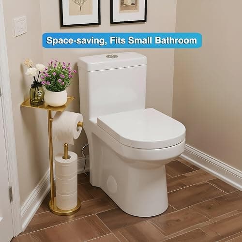 Gold Toilet Paper Holder with Shelf, Freestanding Tissue Holder Stand with Storage Space for Extra 4 Toilet Paper Rolls (Stainless Steel Base, Gold) thumbnail 8