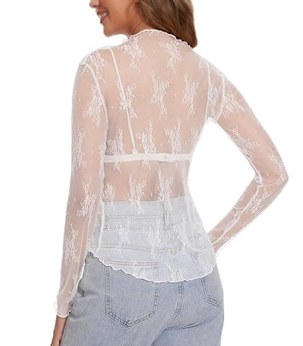 Womens Lace Mesh Long Sleeve Top Floral Sheer See Through Sexy Tops Mock Neck Shirts Party Club Night Blouses thumbnail 4
