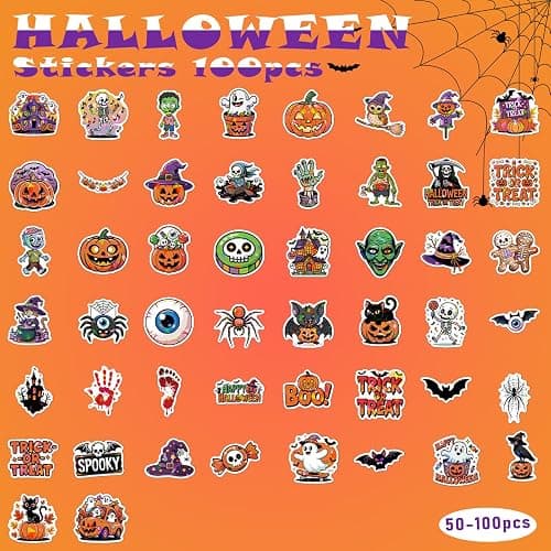 Lovyi 100pcs Halloween Holographic Stickers,Vinyl Halloween Party Favors | Cute Cartoon Pumpkin Ghost Bat Witch Spider Halloween Stickers,Removable Holographic Stickers,Halloween Party Favors thumbnail 7